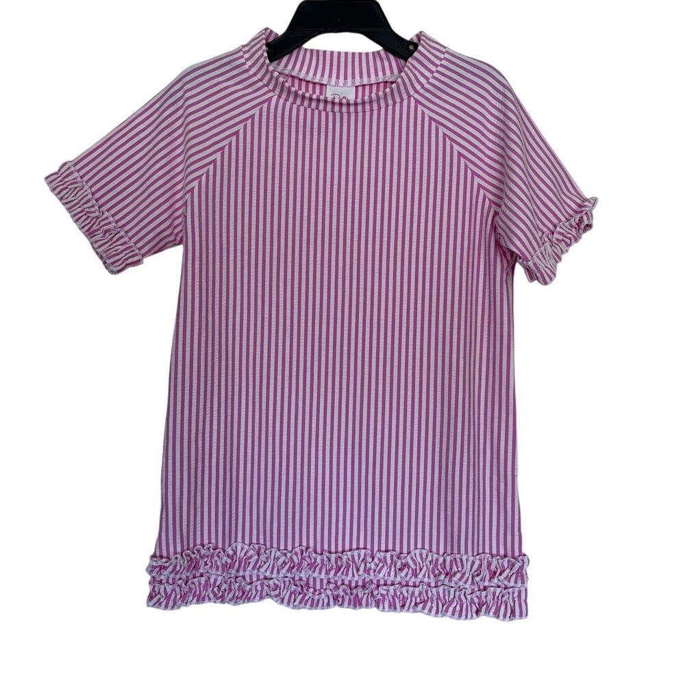 RUFFLEBUTTS Girls Pink Seersucker Short Sleeve Rash Guard Swim - Size 8 Set